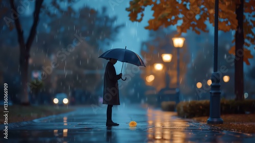 A solitary figure stands under an umbrella on a rainy evening. The street glistens with reflections, and the autumnal trees enhance the tranquil yet melancholic atmosphere.