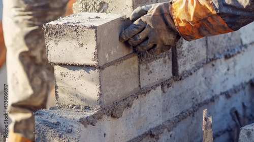 Close-up of construction workers assembling concrete blocks to build house walls, highlighting teamwork, precision, and the masonry process in residential construction.
