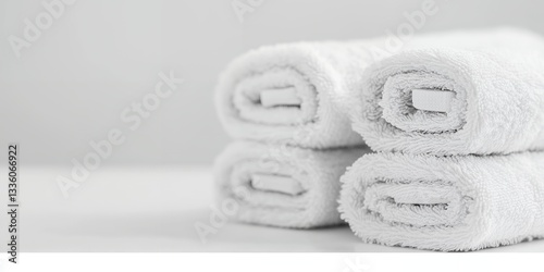 Stack of two neatly rolled white terrycloth bath sheets on a bright white background