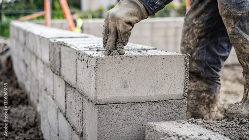 Close-up of construction workers assembling concrete blocks to build house walls, highlighting teamwork, precision, and the masonry process in residential construction.
