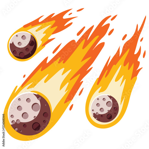 Cartoon Meteor Shower Falling on Planet Flame Meteorite Illustration
