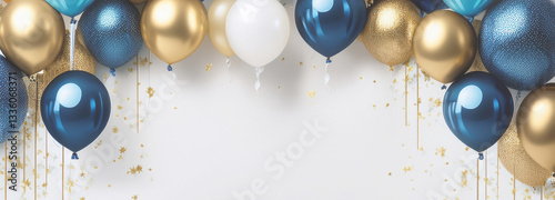 Birthday party decoration photo zone with blue and gold balls in up on the white background	
