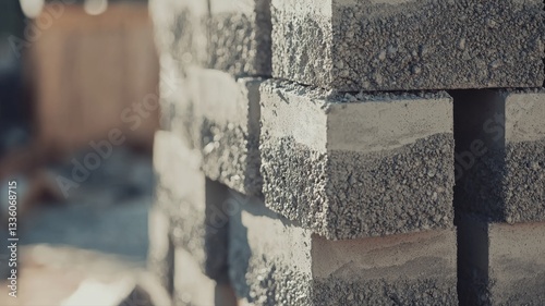 Close-up of construction workers assembling concrete blocks to build house walls, highlighting teamwork, precision, and the masonry process in residential construction.
