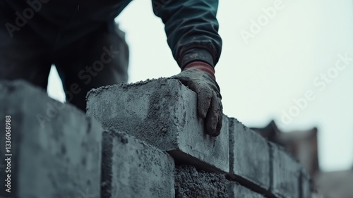 Close-up of construction workers assembling concrete blocks to build house walls, highlighting teamwork, precision, and the masonry process in residential construction.
