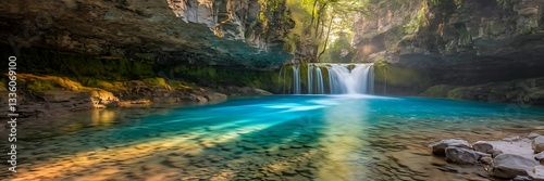 Mesmerizing Blue Waterfall in a Lush Green Forest – Serene Nature Scenery. blue waterfall, highlighting its mesmerizing turquoise or azure colors and contrasting scenery

