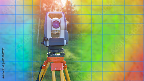 Fototapeta Naklejka Na Ścianę i Meble -  The total station, a geodetic instrument, is situated within the context of the coordinate system and the topographic landscape of the region. The idea of topography, cartography, and geodesy
