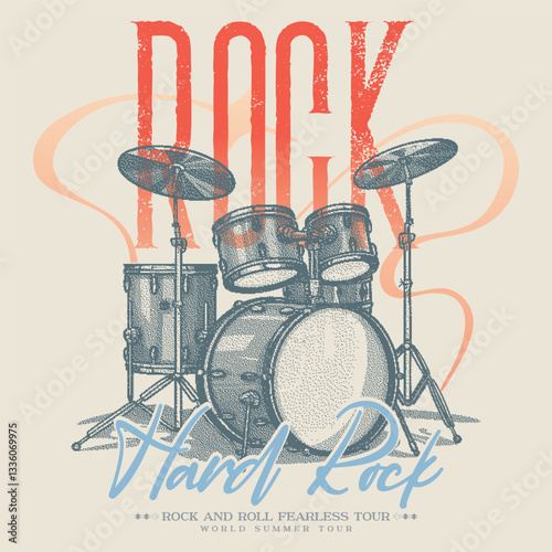 Drum vintage vector t shirt design. Music drum poster design. Music world tour. Rock and roll artwork for apparel and others, Rock and roll vintage print design, Rockstar vector artwork.