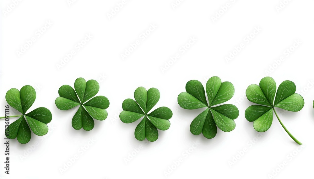 Row of Elegant Green Shamrock Four Leaf Clovers on a White Backdrop St Patricks Day Iconography Row of Elegant Green Shamrock Four Leaf Clovers on a White Backdrop St Patricks Day Iconography