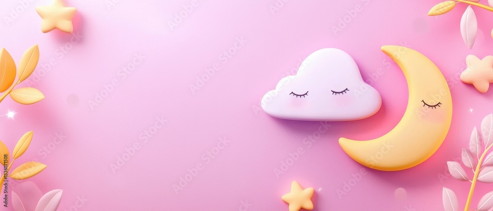 Crescent Moon with Sleeping Cloud Dreamy Pastel Pink Background Stars and Foliage Illustration Crescent Moon with Sleeping Cloud Dreamy Pastel Pink Background Stars and Foliage Illustration