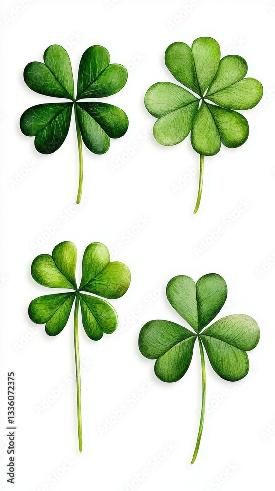 Watercolor Shamrock and Clover Set Celebrating Luck and Irish Tradition with Green Foliage and Botanical Art Watercolor Shamrock and Clover Set Celebrating Luck and Irish Tradition with Green Foliage and Botanical Art