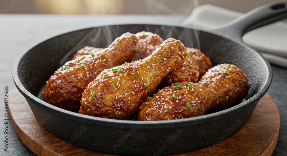 Delicious Glazed Chicken Drumsticks in Cast Iron Skillet Sesame Seeds Food Photography Delicious Glazed Chicken Drumsticks in Cast Iron Skillet Sesame Seeds Food Photography