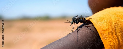 Mosquito Danger on Dark Skin with Yellow Cloth under Bright Sunlight Open Land Outdoor Shot