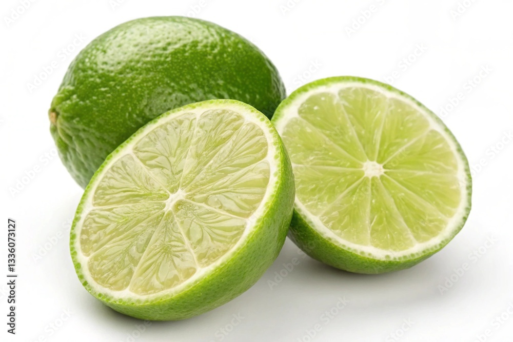 Refreshing green lime with cut in half and slices isolated on white background for tropical cocktail or summer beverage concept Refreshing green lime with cut in half and slices isolated on white background for tropical cocktail or summer beverage concept