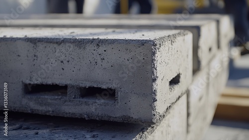 Close-up of construction workers assembling concrete blocks to build house walls, highlighting teamwork, precision, and the masonry process in residential construction.
