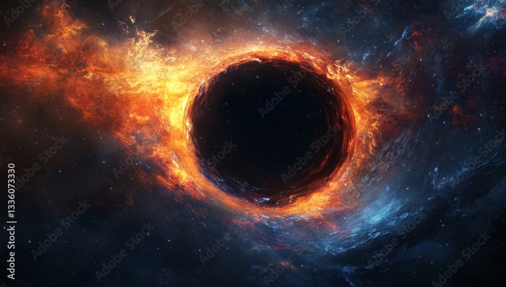 Cosmic vortex around a black hole. Fiery nebulae swirl around a dark, central void. Vast, star-studded space Cosmic vortex around a black hole. Fiery nebulae swirl around a dark, central void. Vast, star-studded space