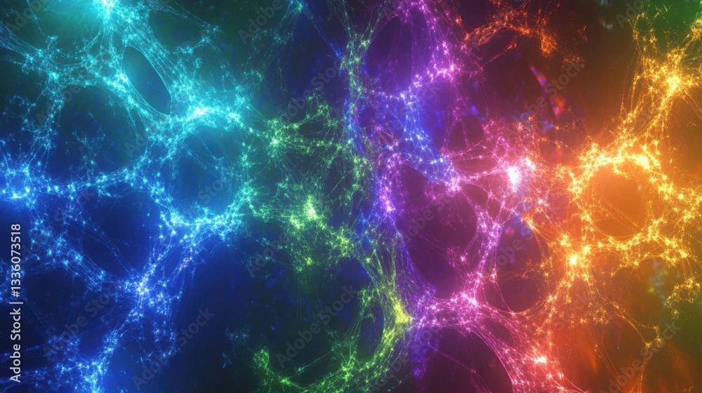 Fototapeta premium An abstract depiction of a communication network in cyberspace, featuring a spectrum of glowing nodes in blue, purple, green