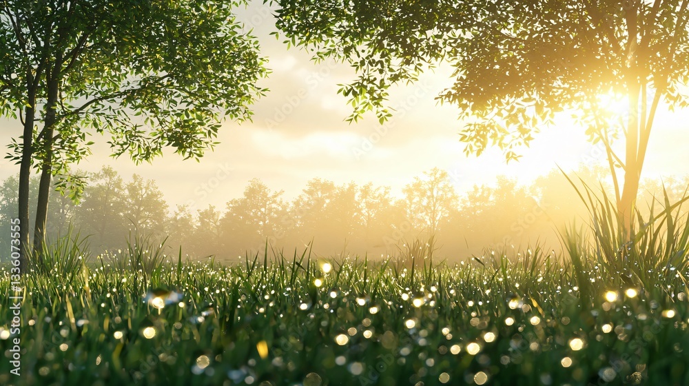 Obraz premium A serene landscape at sunrise, featuring dew-covered grass and trees in soft light.