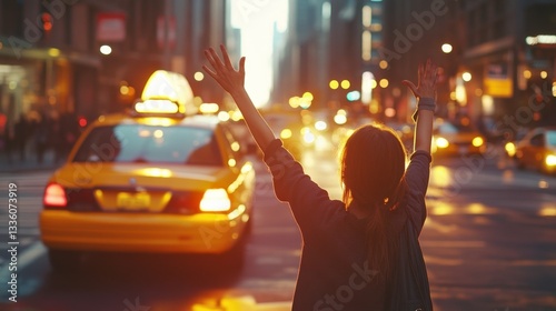 Person Hailing a Taxi in Bustling City Street at Sunset