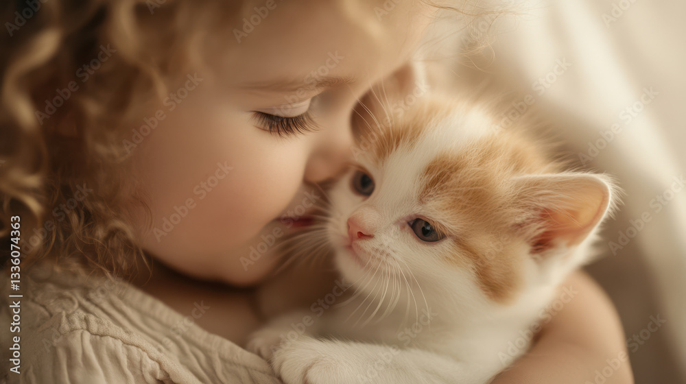 A close-up portrait of a child with soft curls, gazing down at a small kitten nestled in their arms. The kitten's fur is a mix of white and light brown, with whiskers catching the light A close-up portrait of a child with soft curls, gazing down at a small kitten nestled in their arms. The kitten's fur is a mix of white and light brown, with whiskers catching the light