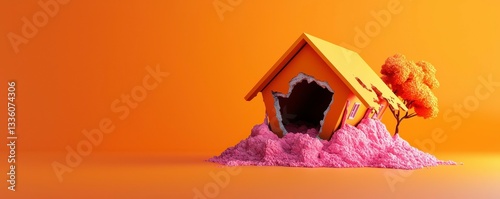 Ruined Dream House with Broken Walls and Pink Disaster Surrounded by an Orange Environment