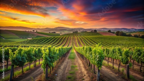 Wallpaper Mural Serene Vineyard Rows at Sunset, a picturesque landscape showcasing the beauty of nature's artistry in a vibrant and tranquil setting Torontodigital.ca