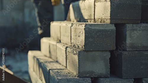 Close-up of construction workers assembling concrete blocks to build house walls, highlighting teamwork, precision, and the masonry process in residential construction.
