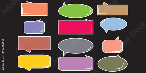 Set of speech bubble, comic sticker, chat box and empty social media message balloon silhouette or communication network symbol in doodle cartoon style. 