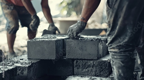 Close-up of construction workers assembling concrete blocks to build house walls, highlighting teamwork, precision, and the masonry process in residential construction.
