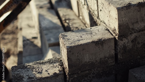 Close-up of construction workers assembling concrete blocks to build house walls, highlighting teamwork, precision, and the masonry process in residential construction.
