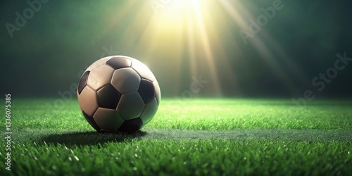 A soccer ball rests on a lush green field, illuminated by a dramatic spotlight, ready for the thrill of the game.