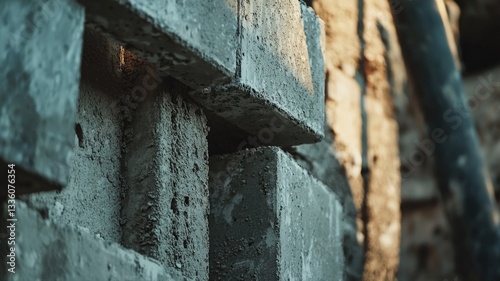 Close-up of construction workers assembling concrete blocks to build house walls, highlighting teamwork, precision, and the masonry process in residential construction.
