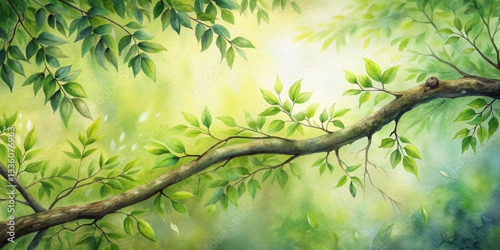 Serene Springtime Branch with Vibrant Green Foliage and Gentle Breeze, Depicting a Peaceful Natural Scene Serene Springtime Branch with Vibrant Green Foliage and Gentle Breeze, Depicting a Peaceful Natural Scene