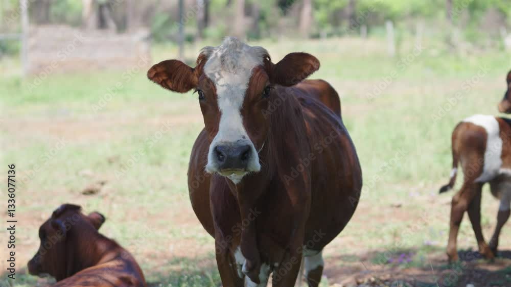 Brown and white cow staring directly at the camera. Brown and white cow staring directly at the camera.