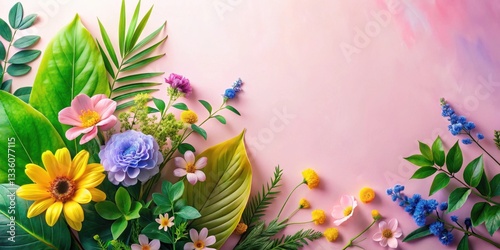 Vibrant floral arrangement featuring a diverse collection of blossoms and lush green leaves artfully composed on a soft pink backdrop, creating a stunning visual display of springtime's beauty