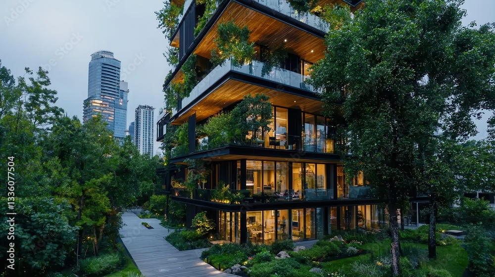 Modern urban building surrounded by greenery with vibrant landscaping and city skyline in background Modern urban building surrounded by greenery with vibrant landscaping and city skyline in background