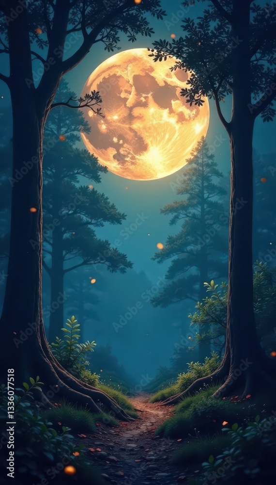 Fototapeta premium Full moon illuminates ancient forest, shadows dance , serenity, forest