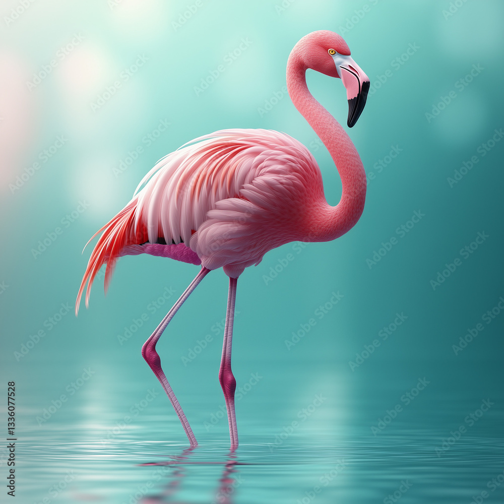 Fototapeta premium Elegant flamingo standing gracefully in tranquil waters, its vibrant pink plumage contrasting with the serene turquoise backdrop.