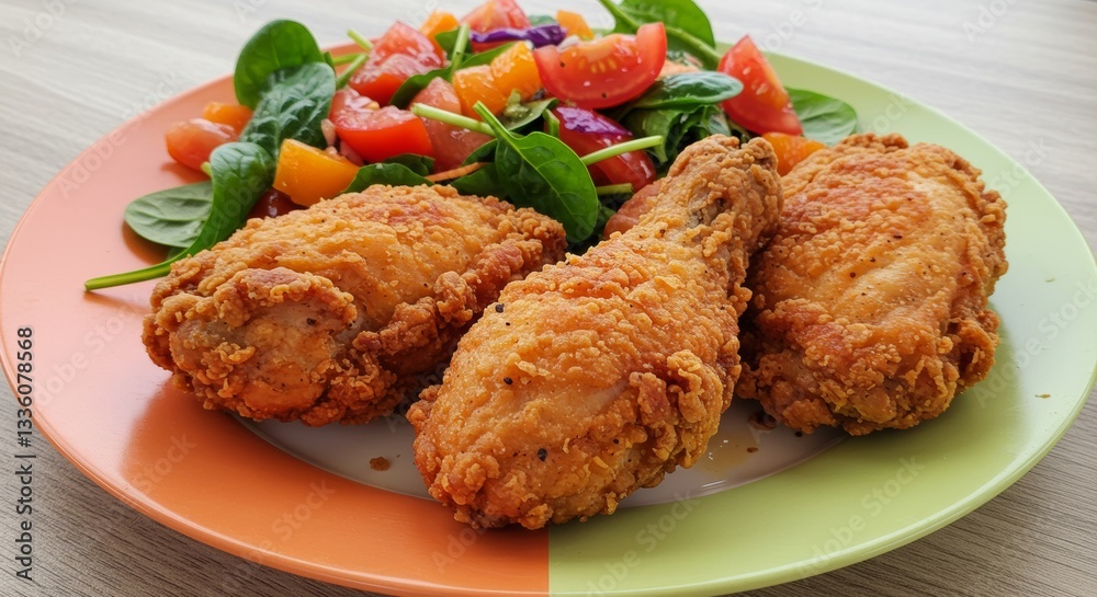 Crispy Fried Chicken Drumsticks with Fresh Spinach and Tomato Salad Crispy Fried Chicken Drumsticks with Fresh Spinach and Tomato Salad