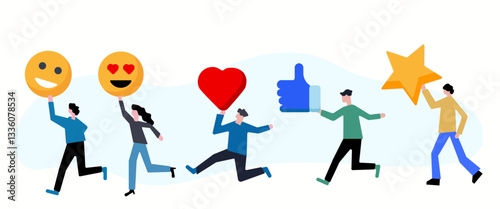 People running with social media emojis, illustration of online community engagement and interaction 