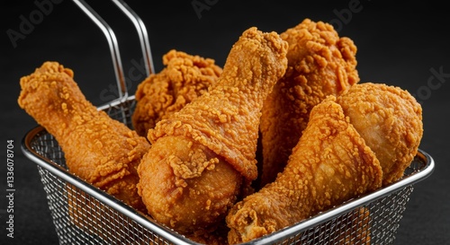 Crispy Golden Fried Chicken Drumsticks in Metal Basket Close Up