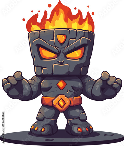 Stylized fiery rock creature in dynamic pose with glowing eyes and flaming head, cartoon isolated on transparent background. Vector illustration.