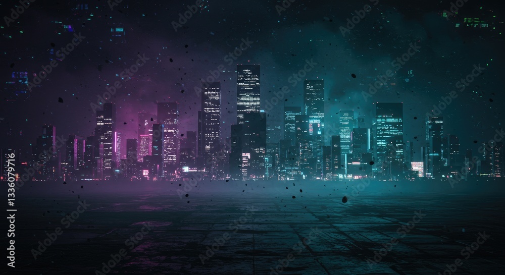 Fototapeta premium A neon-lit cyberpunk city skyline shrouded in mist, digital distortions, and eerie stormlight.