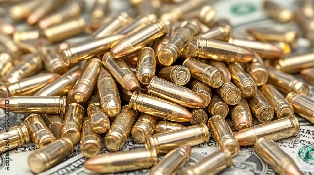 Ammunition: A Pile of Bullets on US Dollars Ammunition: A Pile of Bullets on US Dollars