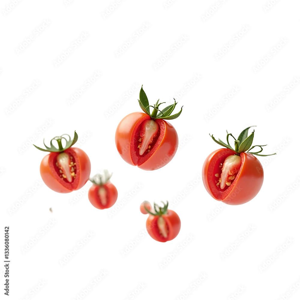 Fototapeta premium Flying tomatoes isolated on transparent background cutout