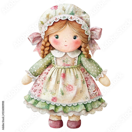 Cute girl Whimsical Boho Doll Clipart Watercolor , White background 