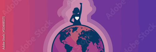 Silhouette of a woman with raised fist standing on a globe – Perfect for global empowerment campaigns, feminism, or human rights advocacy.