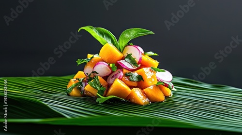 Vibrant kerabu mangga elegantly arranged on banana leaf showcasing Malaysian culinary tradition