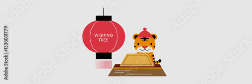 Vector illustration of red lantern, Chinese tiger, and gold ingot with "Wishing Tree" – Ideal for Chinese traditions, blessings, or New Year celebrations.