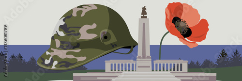 Vector illustration of a soldier’s helmet, poppy flower, and national monument with a serene landscape – Perfect for honoring fallen soldiers, veterans’ memorials, or patriotic tribute artwork.