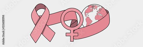 Minimalist illustration of female symbol, pink ribbon, and globe – Great for breast cancer awareness, women's rights advocacy, or feminist campaigns.